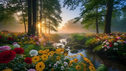 Enchanting forest stream bathed in golden sunrise light, surrounded by vibrant wildflowers.