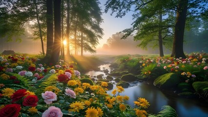 Golden sunrise illuminates a serene forest stream flowing through a meadow bursting with colorful wildflowers.