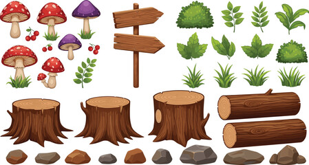 Big vector collection of cartoon forest nature elements with wooden stumps logs signs mushrooms grass and stones isolated on white background for landscape. © Itz Majbahuil Here