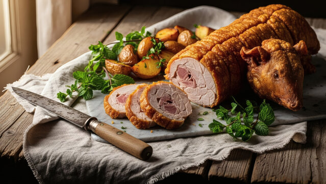 Cuy Chactado Roasted Guinea Pig With Potatoes On Rustic Wooden Table