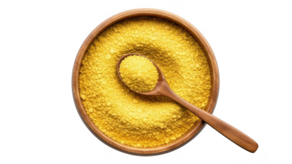 Nutritional yeast flakes in a wooden bowl with a spoon, highlighting its texture and color isolated on transparent background