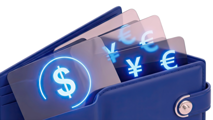 Blue Wallet with Digital Currency Symbols