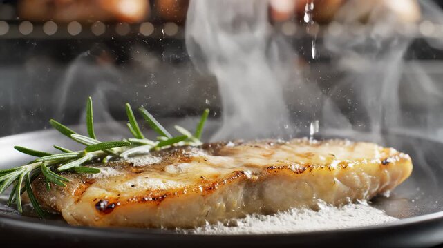Chef Pours Sauce on Grilled Fish Fillet Garnished With Rosemary