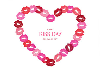 Obraz premium Heart Shape Made Of Kiss Marks With Text Happy Kiss Day February 13th lips mouth