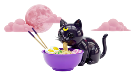 Cute Black Cat Character Eating Ramen with Pink Moon and Clouds
