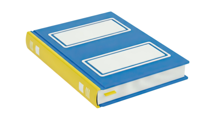 Blue and yellow hardcover book with blank labels