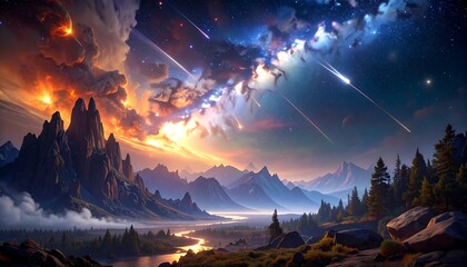A vibrant, fantastical landscape depicting a dramatic night sky filled with stars, shooting celestial bodies, and fiery clouds. Foreground shows a valley