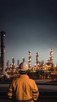 A worker in a hard hat and yellow jacket observes an illuminated industrial plant at dusk. Low-angle shot captures the vastness, ideal for a corporate video. Live mobile wallpaper.