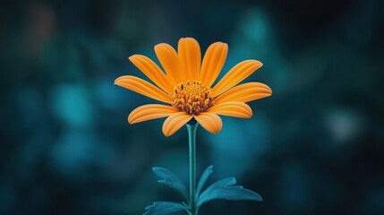 A vibrant orange flower with delicate petals and a textured center stands tall against a blurred background of teal and green, showcasing nature's beauty and intricate details