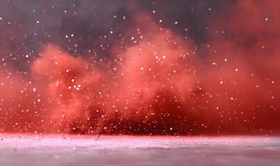 Red powder burst sports backdrop, rich crimson and fire-tone smoke bursts with floating confetti pieces, moderate balanced smoke/powder density,