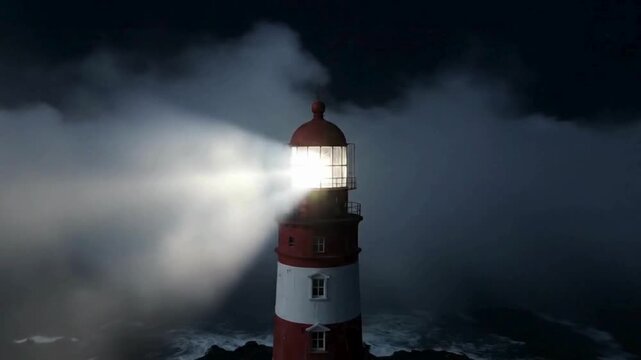 Dramatic footage of a powerful red and white striped lighthouse beacon cutting through a severe coastal blizzard or rainstorm at night a cinematic video clip