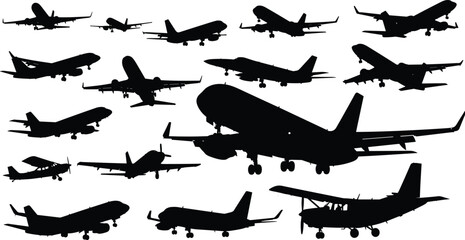 Airplane silhouette collection, flat vector aviation icons, black and white aircraft types, commercial jet, military plane, propeller aircraft design