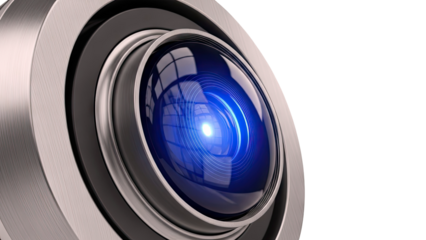 Close-up of a modern camera lens with a blue light emission