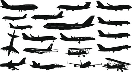 Airplane silhouette variety set, flat vector aircraft profile collection, black and white aviation icons, jet, biplane, military, commercial © MD