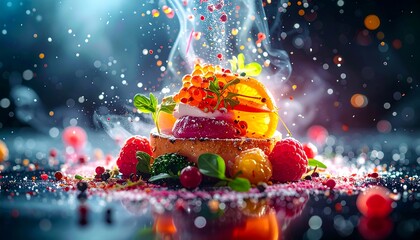 Close-up of artfully arranged ingredients; a toasted bread base, topped with fruits, vegetables, and sprinkles, emitting vapor