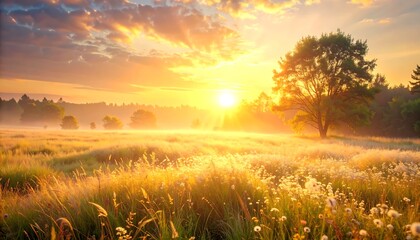 A vibrant sunrise casts golden light over a field of wildflowers and tall grasses, with a lone tree silhouetted