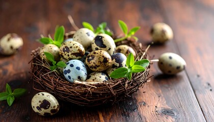 Close-up of speckled eggs nestled in a woven nest, adorned with green leaves, set on a dark wood surface