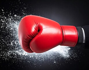 Close-up view of a gloved hand throwing a punch, creating a cloud of white dust against a black background