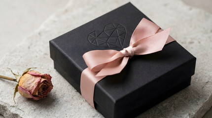 Elegant black gift box with pink satin ribbon and dried rose on textured stone background. Luxury Valentine's day gift concept