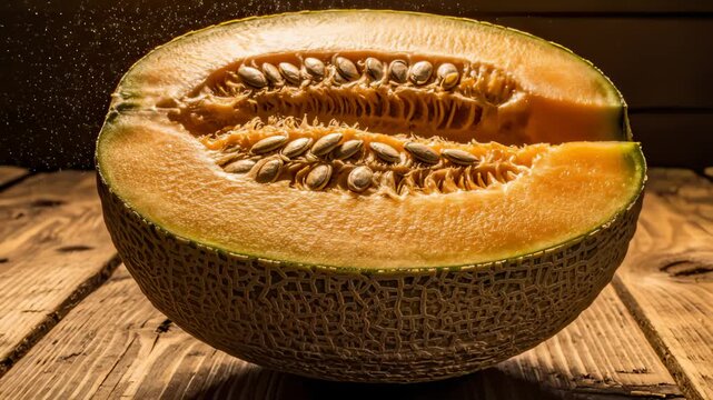 Halved Cantaloupe Melon Rests on Wooden Surface in Detailed Close Up