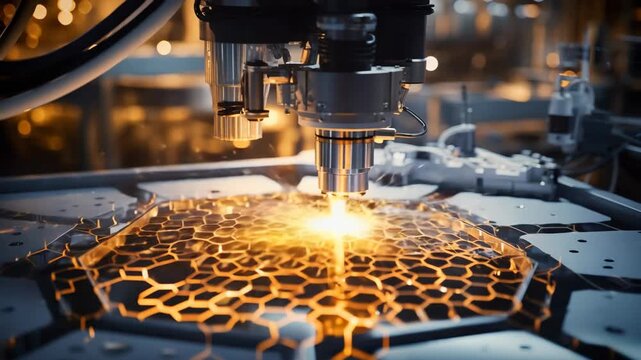 Laser Cutting Machine Engraves Metal Sheet with Hexagonal Pattern Amidst Bright Sparks in Manufacturing Factory