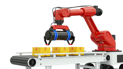 Robotic arm loading boxes onto a conveyor belt
