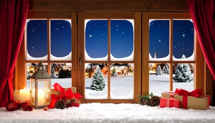 Cozy view through a wooden-framed window showcasing a winter wonderland scene with gifts and candles