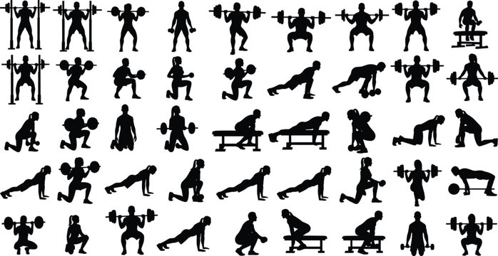 Black Gym Workout Silhouette Set with Weightlifting Barbell and Dumbbell Exercises Isolated on White for Fitness Training, Bodybuilding, Athlete Strength, and Powerlifting Concept