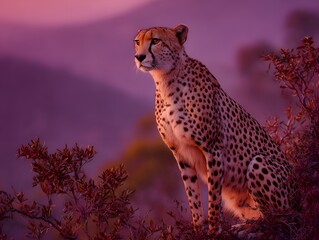 A majestic cheetah sits patiently among shrubbery enjoying the colorful vibrant sunset in the african wilderness landscape.