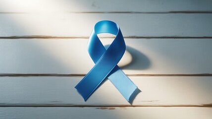 Blue awareness ribbon symbol on white wooden surface