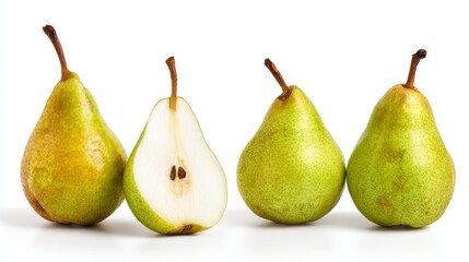 Two fresh green pears and a ripe red apple isolated on a white background represent a healthy organic diet of juicy tasty fruit rich in nutrition
