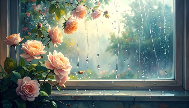 A window frames a garden scene with pale pink roses in bloom, raindrops on glass, & a blurred green, sunlight-filled space - Powered by Adobe