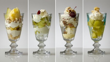 Gourmet meal of fresh salmon with asparagus and cheese served alongside a delicious white strawberry cream dessert and a cold raspberry yogurt drink in a glass