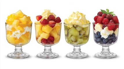 Fresh strawberry and kiwi fruit salad served with cold ice cream in a glass bowl makes a sweet and healthy dessert cocktail