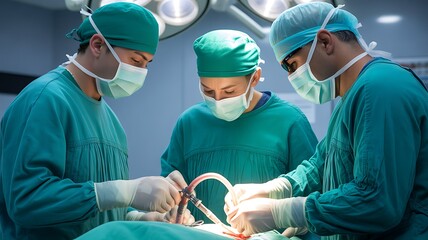 Medical surgeons performing intricate operation in hospital operating room
