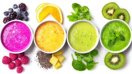 A fresh bowl of healthy fruits and vegetables including citrus lemon and berries makes a green vegetarian salad dish for a diet meal isolated on white