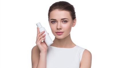 Smiling brunette model holding a glass of fresh milk for a healthy lifestyle and skin care treatment