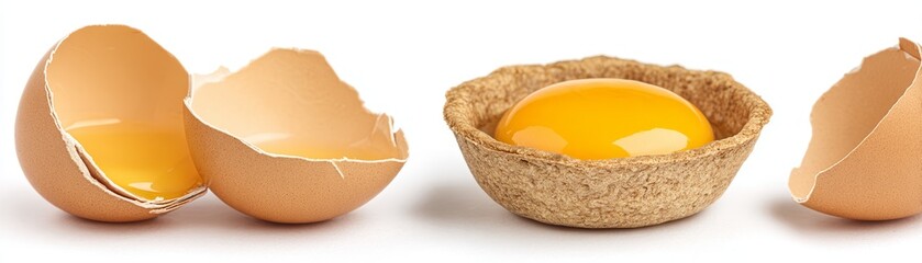 A closeup of a fresh organic chicken egg in a nest isolated on white with a cracked shell revealing a healthy yellow raw yolk as a protein breakfast ingredient for cooking