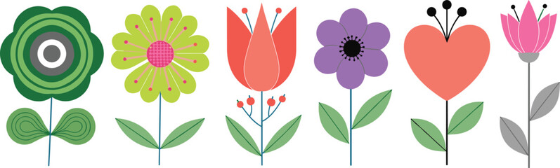 Naklejka premium Colorful flat flower illustration set with heart shaped blossom modern decorative floral elements isolated on white background vector design