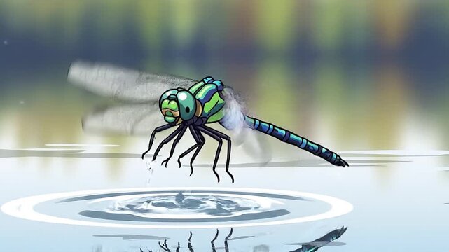 Vibrant Animated Dragonfly Touches Water Surface and Flies Away Creating Ripples