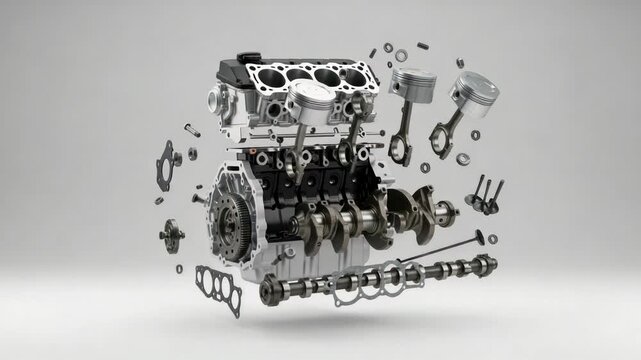 Exploded view of internal combustion engine, showing pistons, crankshaft, camshaft, and cylinders
