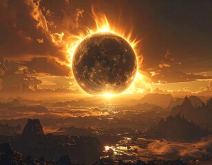 Celestial body eclipsing with radiant energy in golden light. Mountains and a river in the distance with fluffy, illuminated clouds