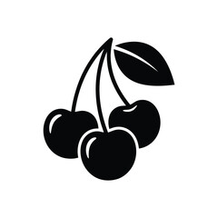 black and white drawing of three cherries with a leaf