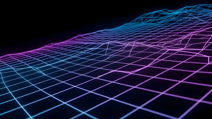 Glowing digital wireframe grid network in blue and purple neon light on a dark background, symbolizing technology, data, and virtual reality.