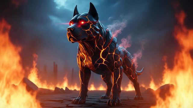 Fiery Hellhound with Glowing Eyes in a Burning Landscape