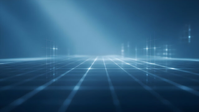 Blue digital grid background with glowing lines, reflective floor, and atmospheric light rays, perfect for technology and data concepts.