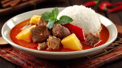 Savory beef curry with rice, fresh herbs, and tropical fruit garnishing in an elegant dish on a wooden table with colorful spices surrounding it