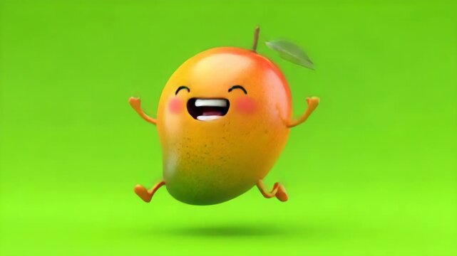 Happy Cartoon Mango Character Dancing and Jumping on Green Background