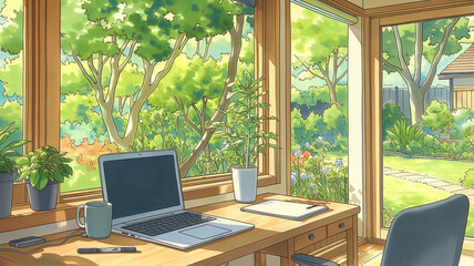 Fototapeta premium 春の庭を眺めながら作業する部屋のデスク風景｜パソコン、メモ帳、植物、花壇、日差し、快適な在宅ワーク、自然、部屋の中、落ち着いた空間
