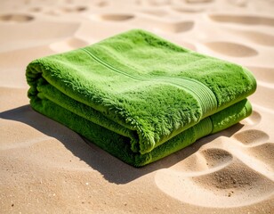 Close-up of a neatly folded, vibrant green towel resting on sun-kissed, textured sand, evoking relaxation